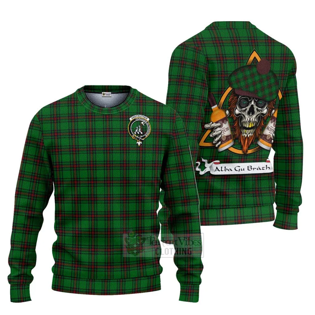 Anstruther Tartan Ugly Sweater with Family Crest and Bearded Skull Holding Bottles of Whiskey