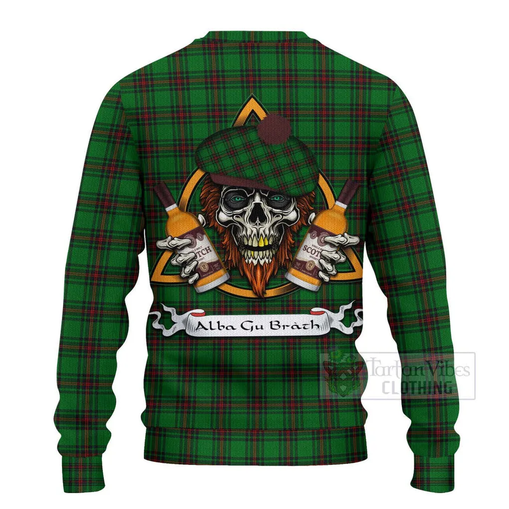 Anstruther Tartan Ugly Sweater with Family Crest and Bearded Skull Holding Bottles of Whiskey