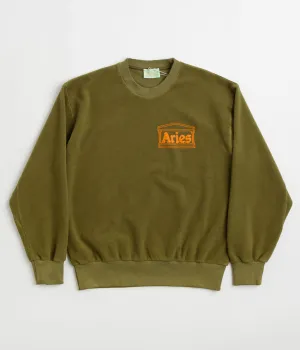 Aries Reverse Fleece Temple Crewneck Sweatshirt - Olive