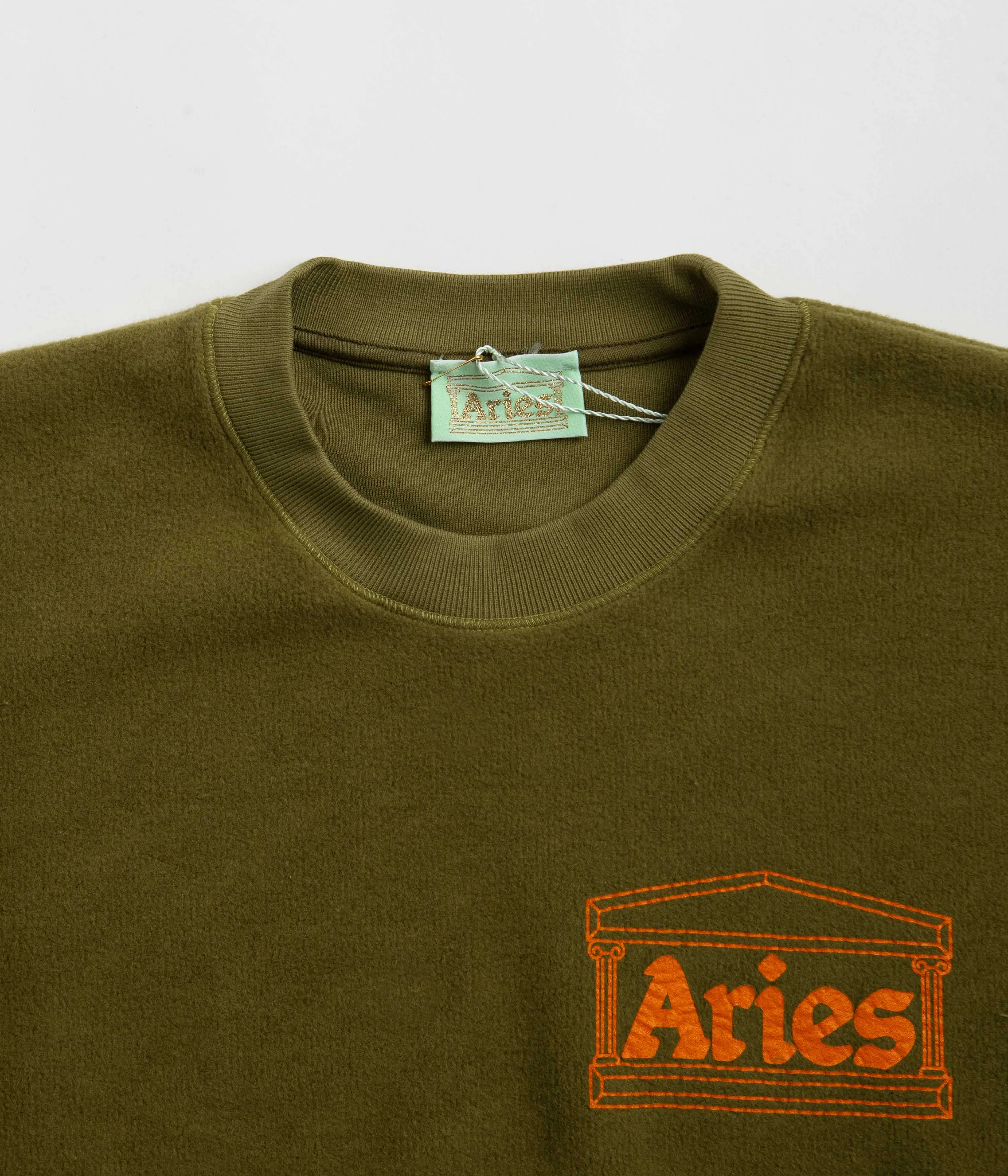 Aries Reverse Fleece Temple Crewneck Sweatshirt - Olive