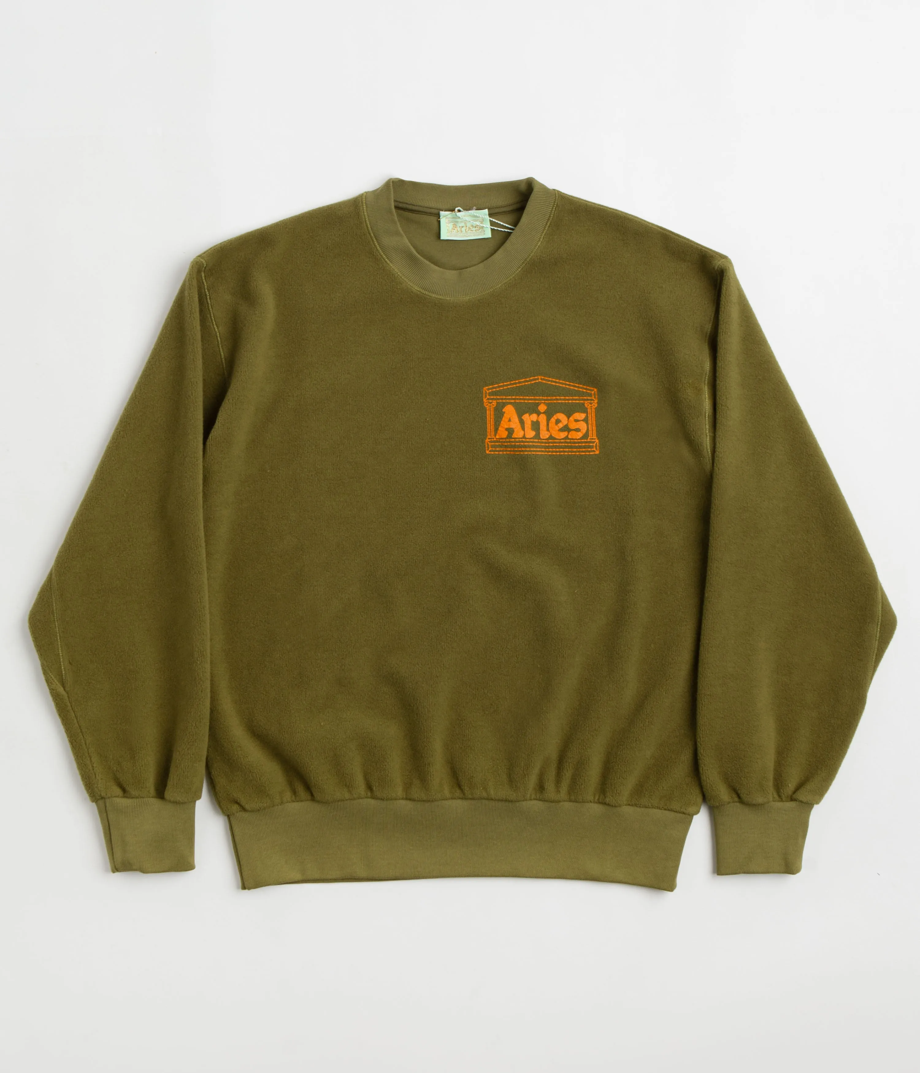 Aries Reverse Fleece Temple Crewneck Sweatshirt - Olive