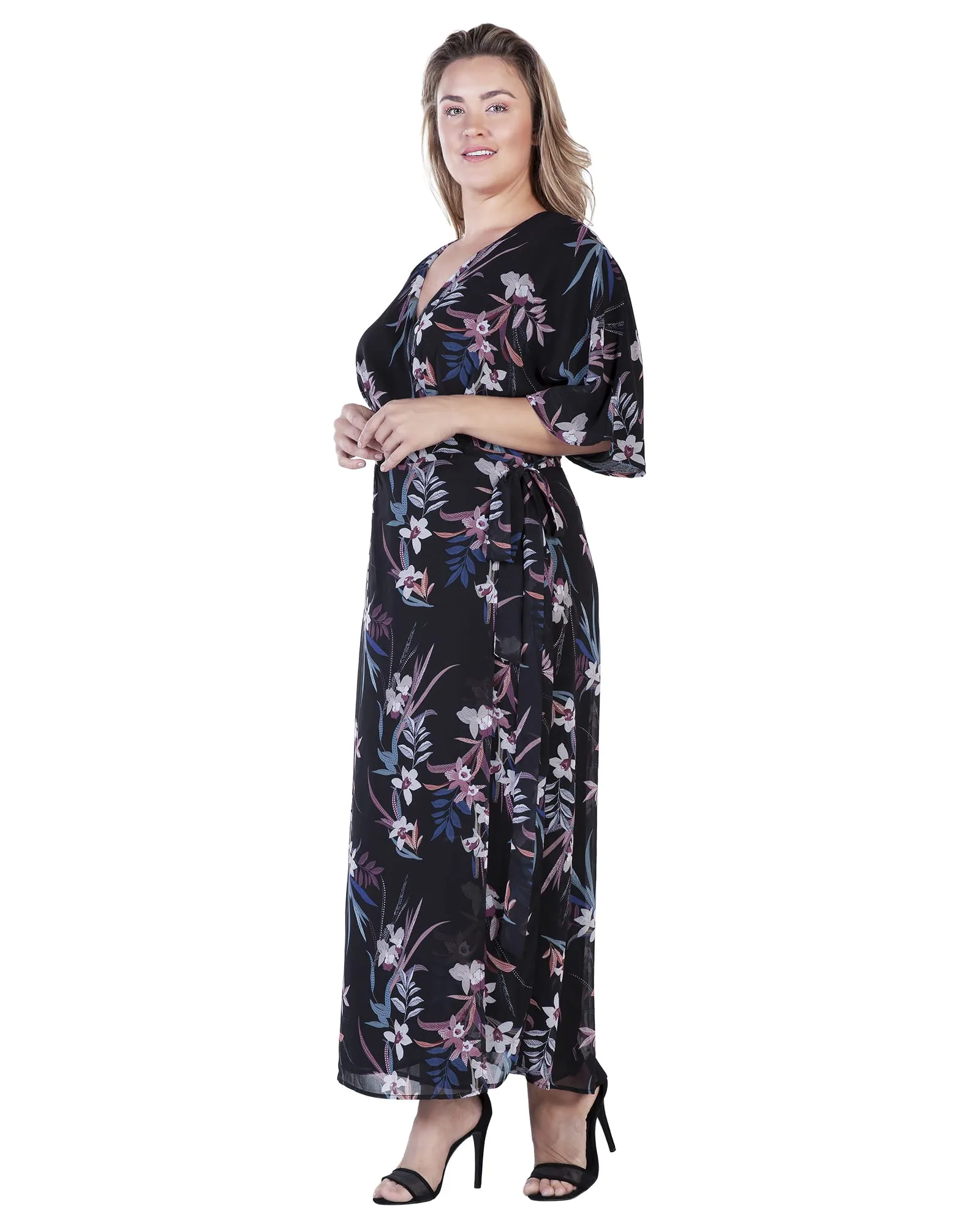 Aubrey Kimono Wrap Maxi Dress | Black Tropical Floral