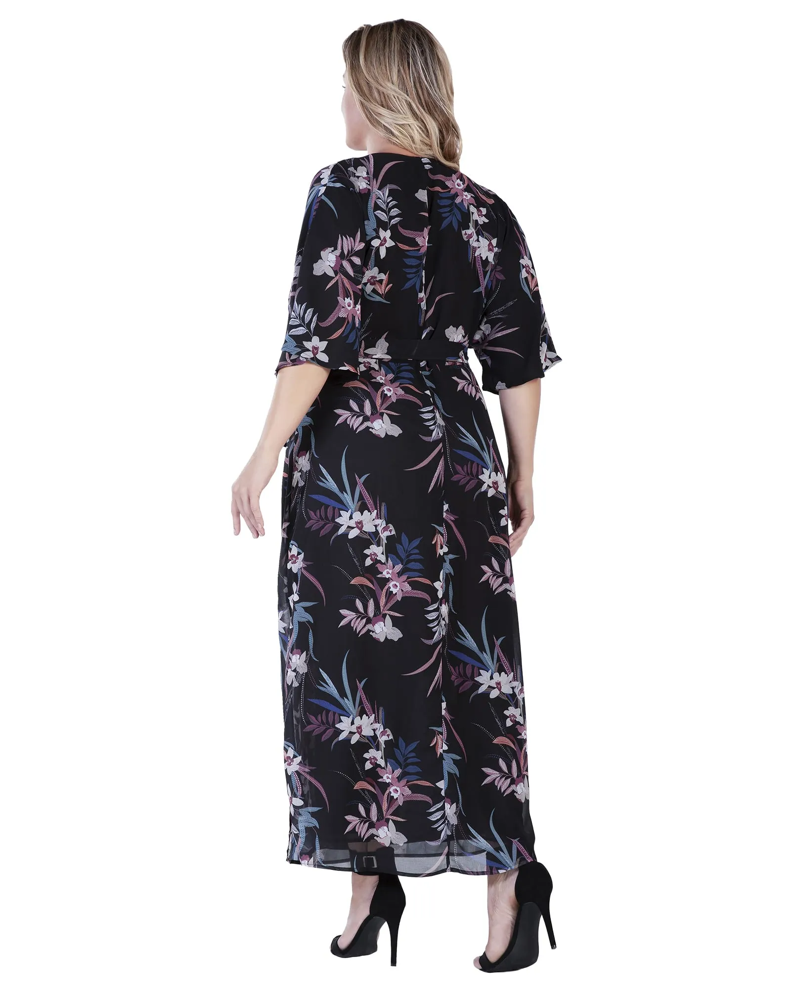 Aubrey Kimono Wrap Maxi Dress | Black Tropical Floral