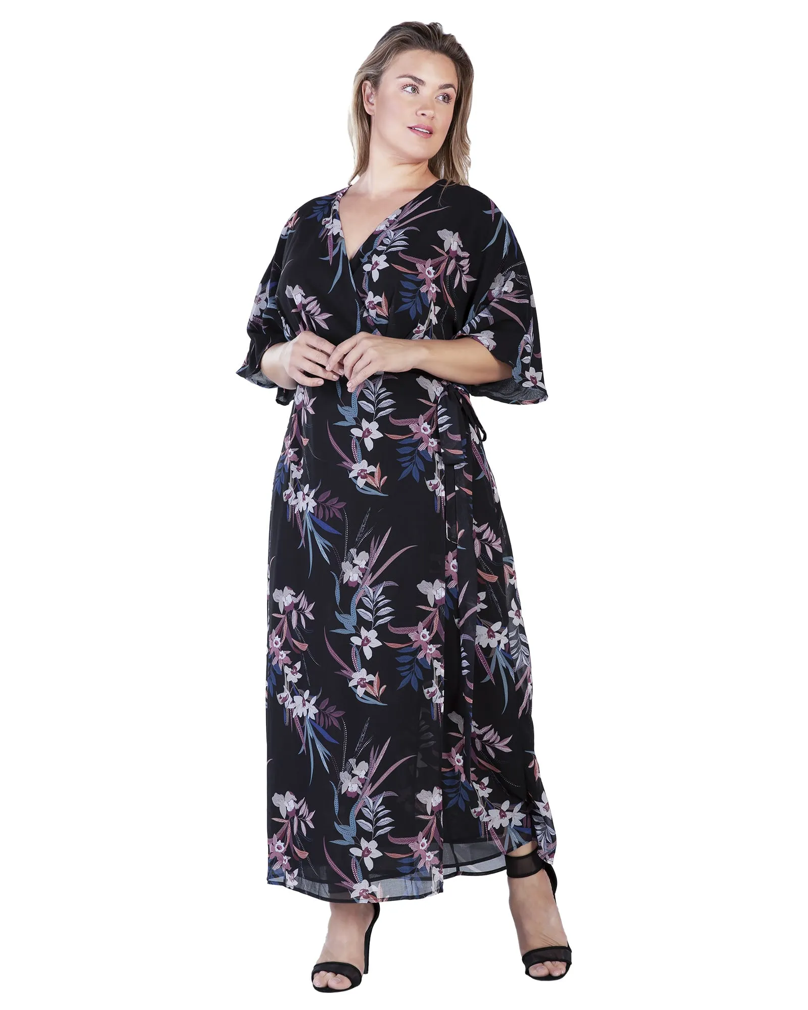 Aubrey Kimono Wrap Maxi Dress | Black Tropical Floral