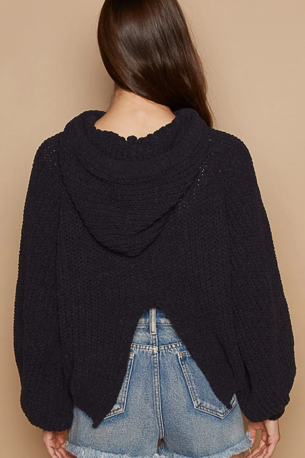 Back Open Slit Balloon Sleeve Crop Hooded Sweater