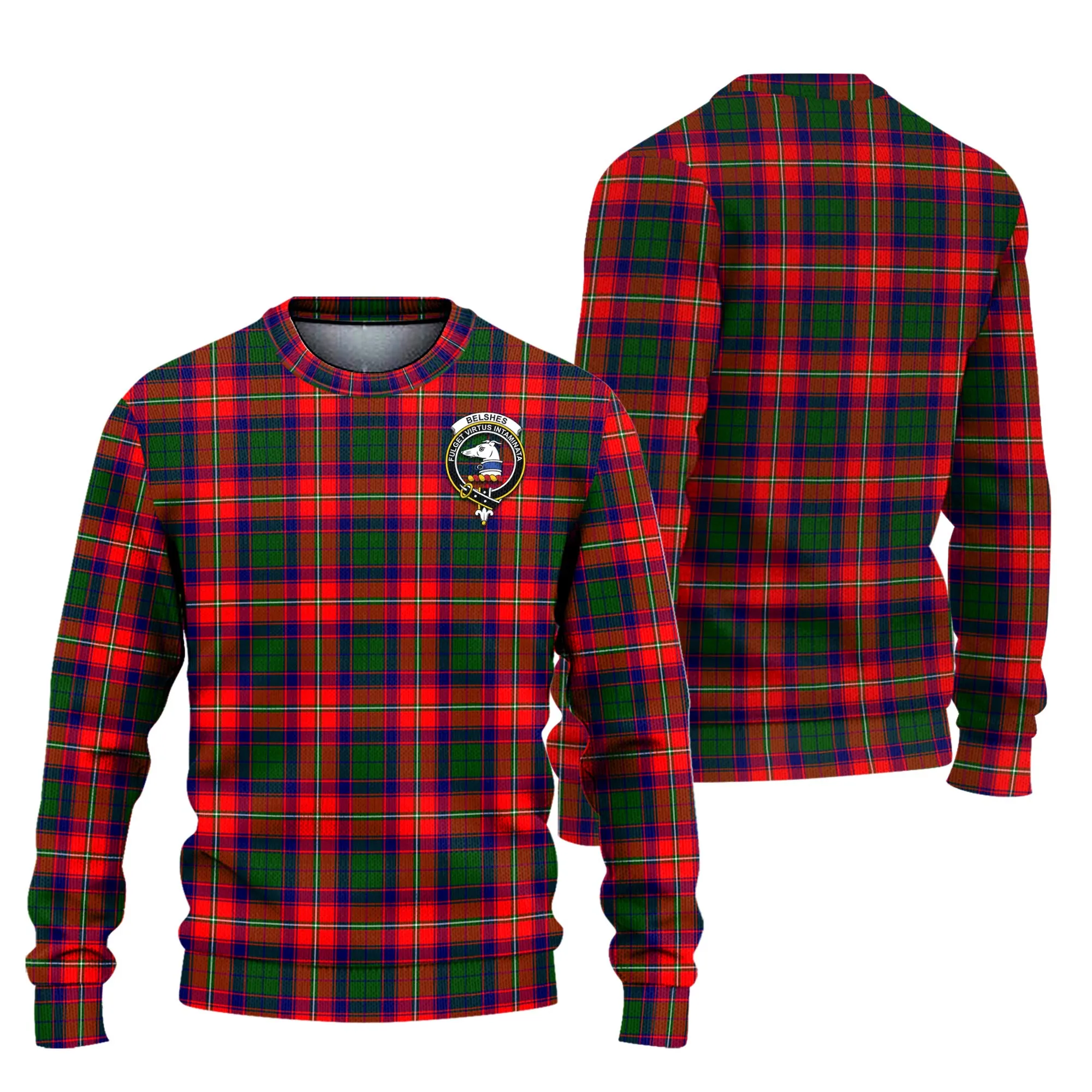 Belshes Tartan Ugly Sweater with Family Crest