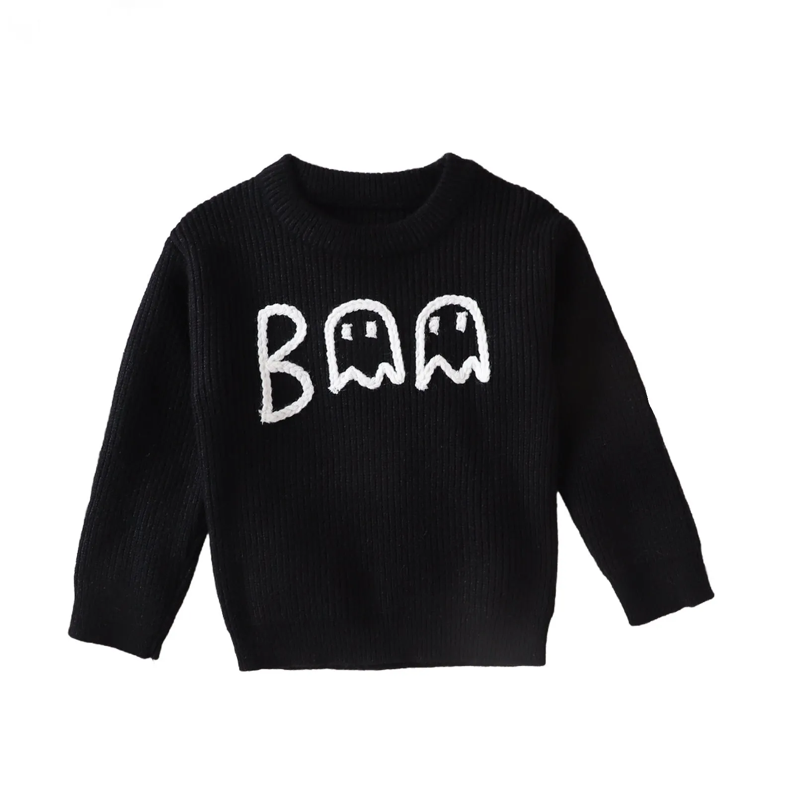 Boy's Cartoon Ghost Embroidered Long-Sleeved Sweater - Cute Black Pullover for Toddlers & Kids