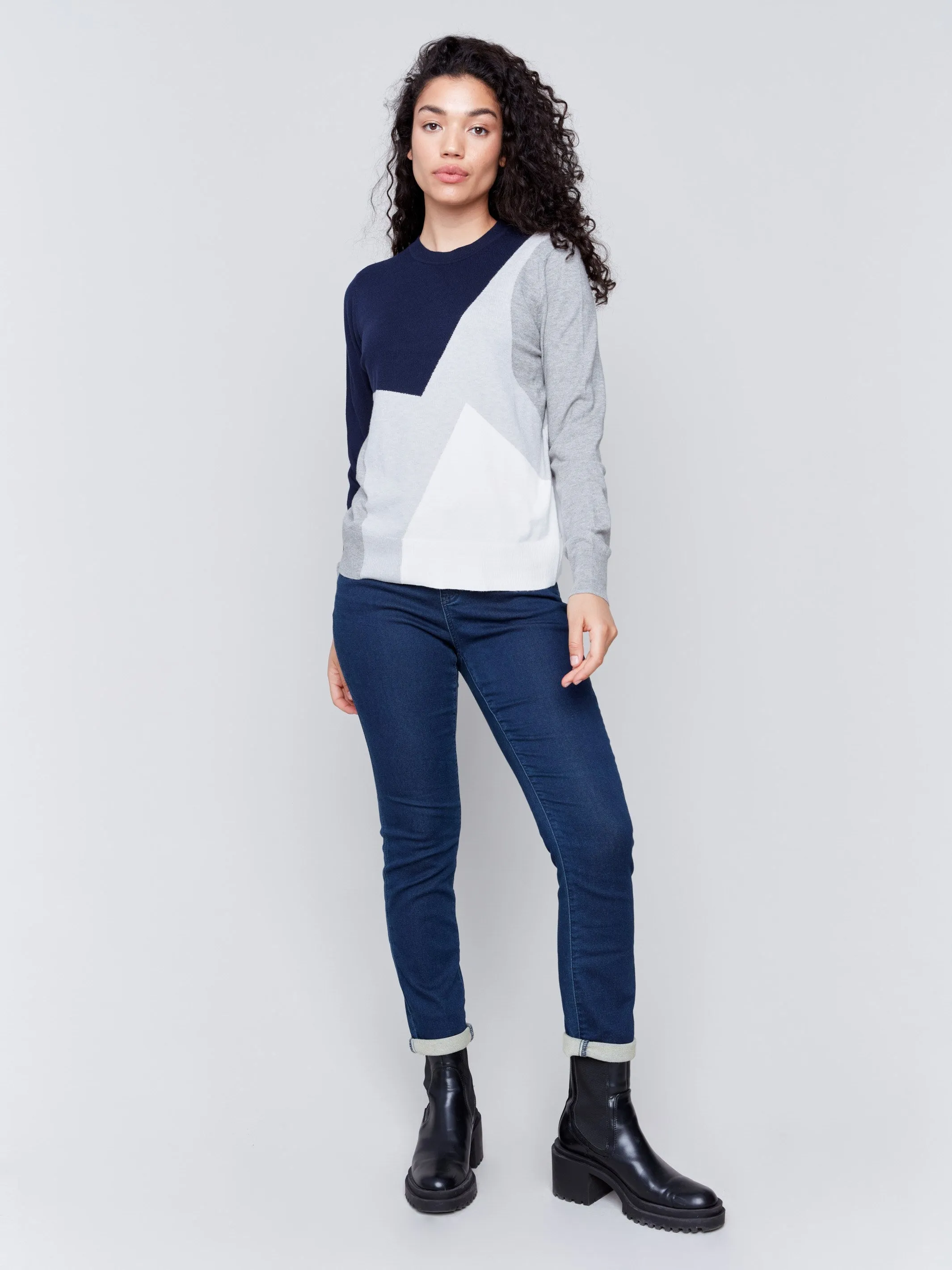 Color Block Crew Neck Sweater - Navy