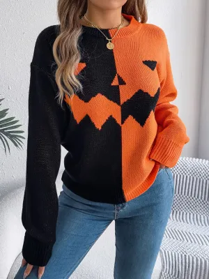 Contrast Round Neck Long Sleeve Sweater, Pumpkin