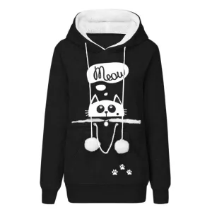 Cozy Cat Print Hoodie with Large Pockets – Women’s Long Sleeve Sweater