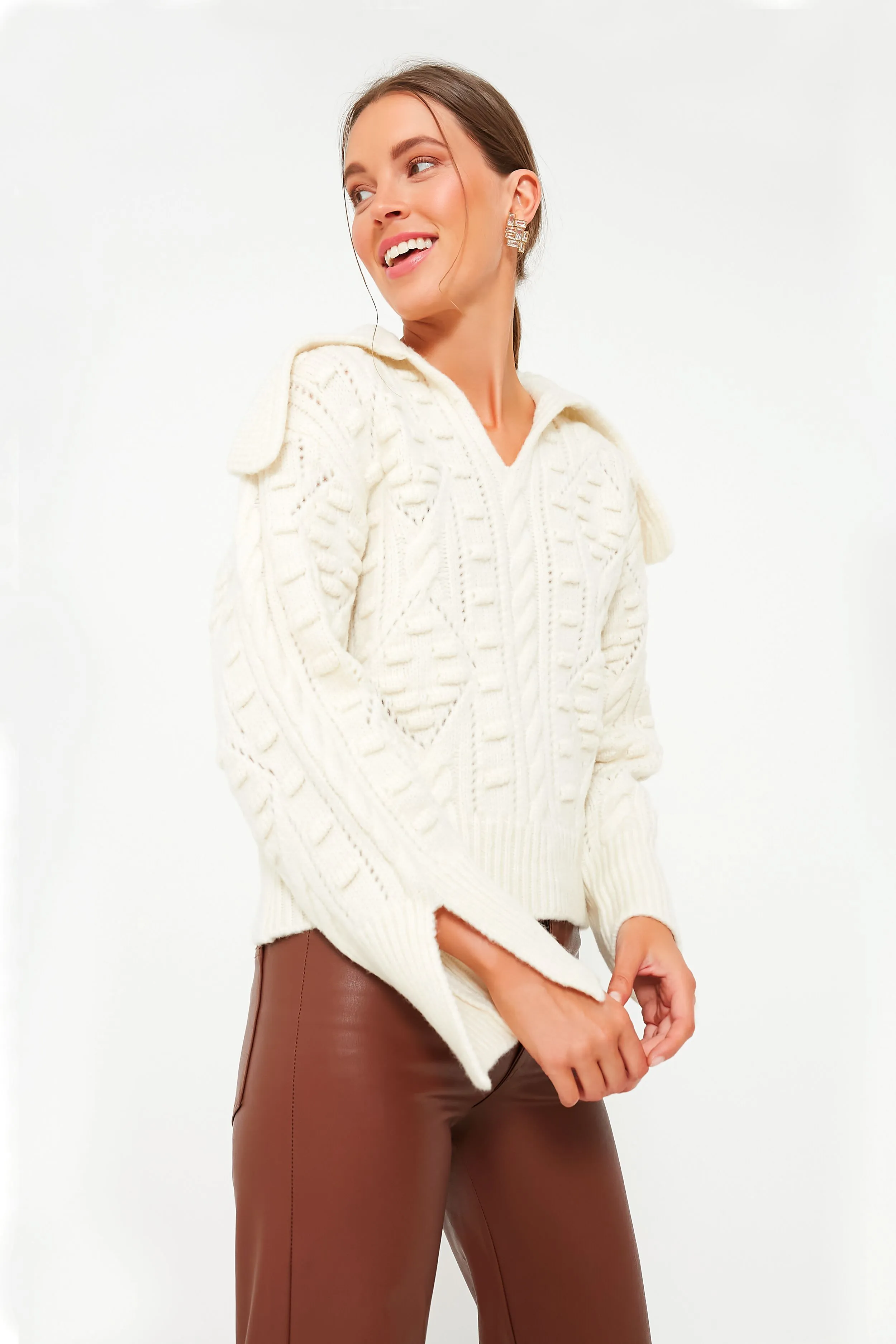 Cream Cele Long Sleeve Sweater with Collar