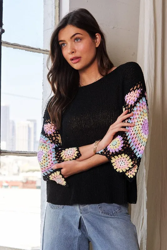 CROCHET MULTI COLORED GRANNY SLEEVE SWEATER TOP - BLACK OR CREAM