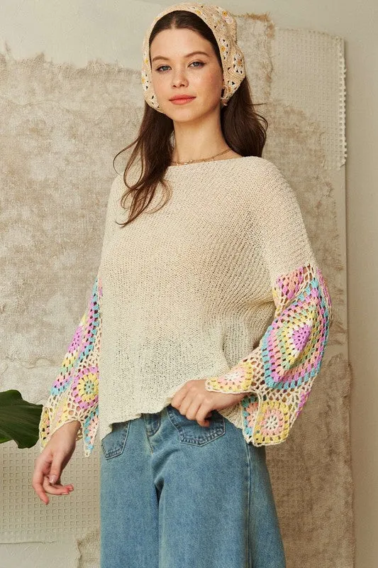 CROCHET MULTI COLORED GRANNY SLEEVE SWEATER TOP - BLACK OR CREAM