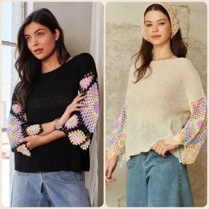 CROCHET MULTI COLORED GRANNY SLEEVE SWEATER TOP - BLACK OR CREAM