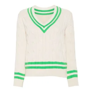 Custom 100% Cotton V-Neck Sweater with Green Stripes - Women's Knitted OEM/ODM