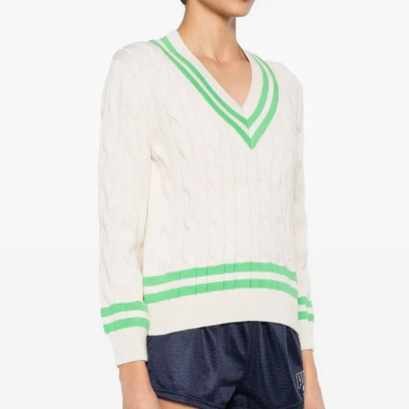 Custom 100% Cotton V-Neck Sweater with Green Stripes - Women's Knitted OEM/ODM