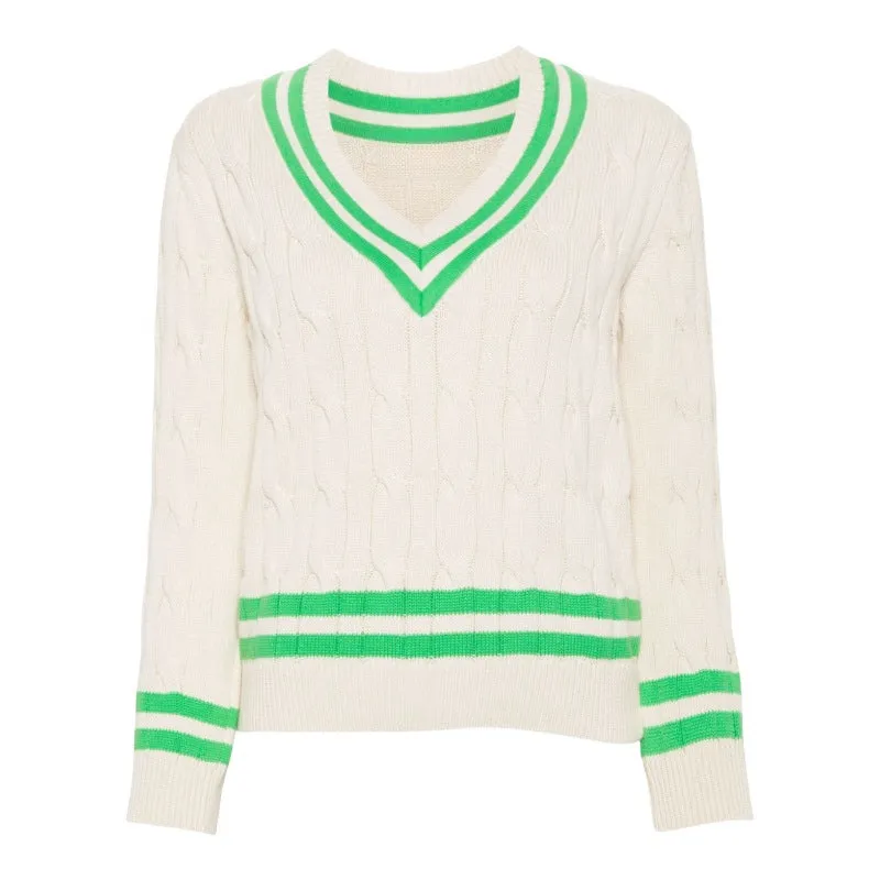 Custom 100% Cotton V-Neck Sweater with Green Stripes - Women's Knitted OEM/ODM