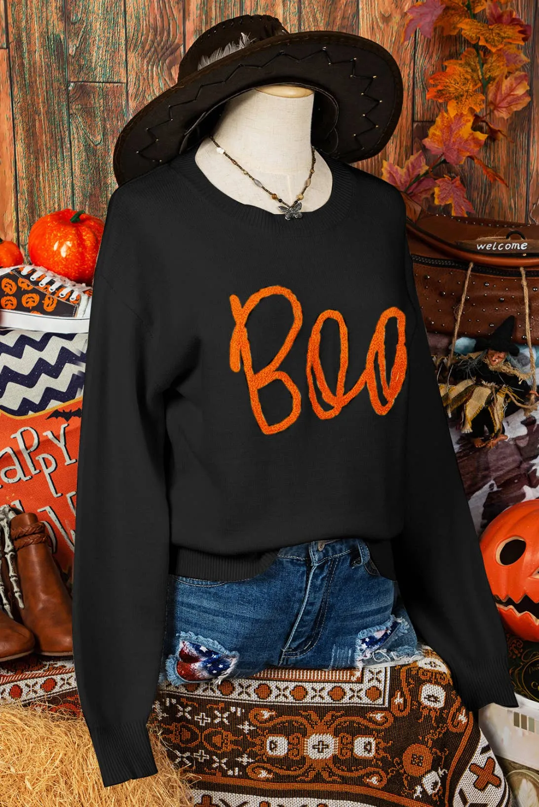 Fall Boo Knitted Ribbed Edge Drop Shoulder Halloween Sweater