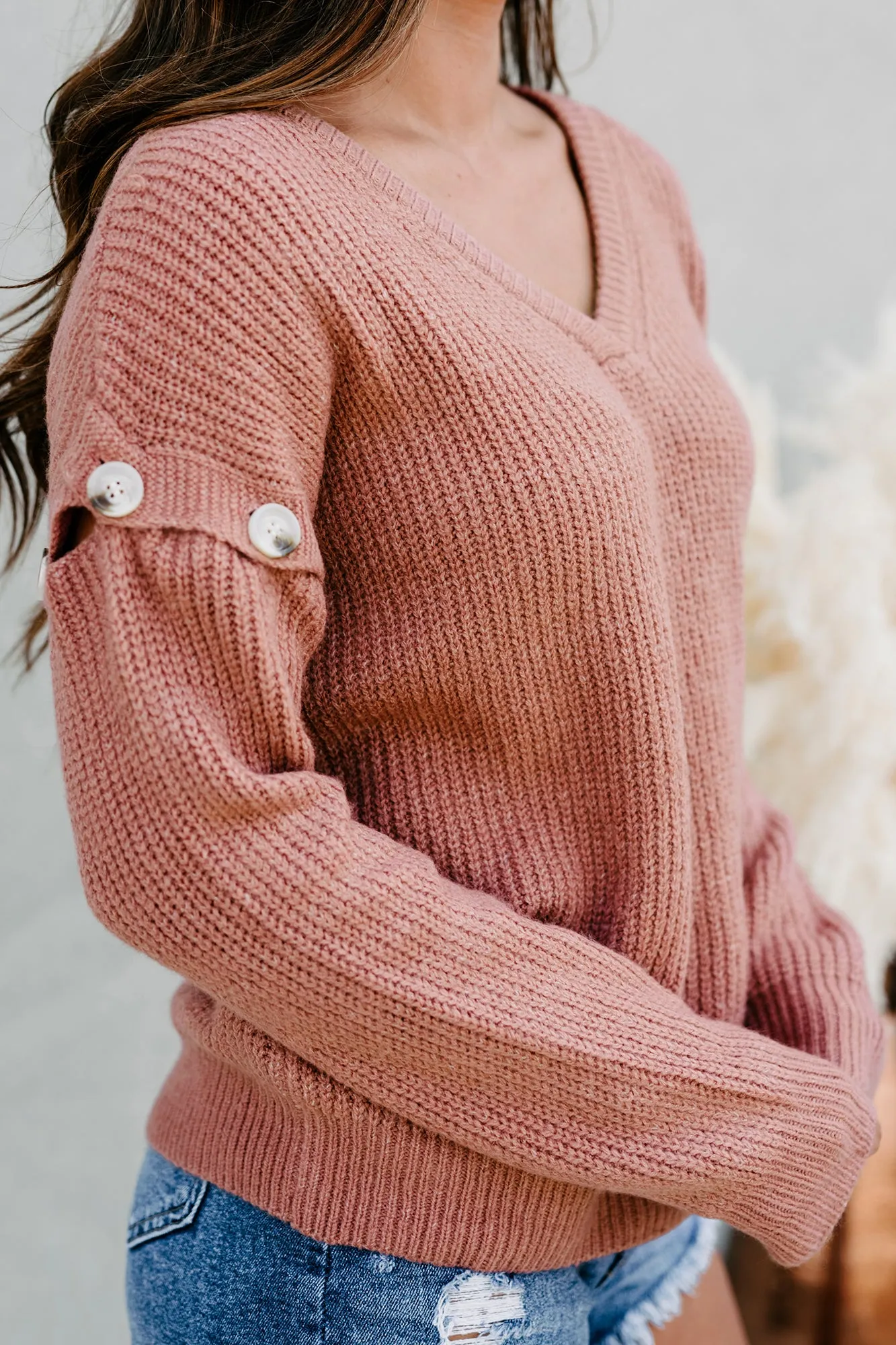 Finding Happiness Button Sleeved V-Neck Sweater (Clay)