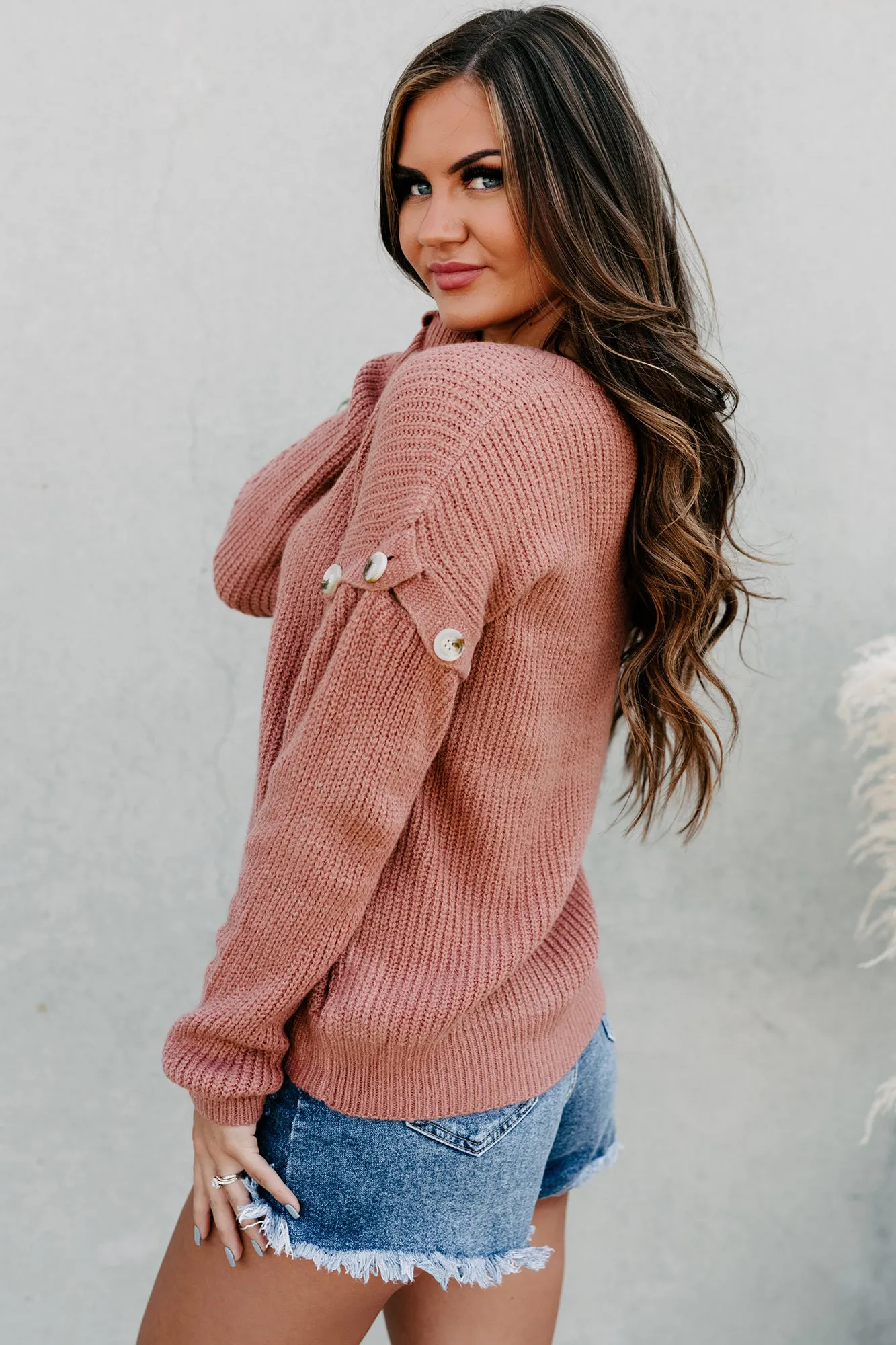 Finding Happiness Button Sleeved V-Neck Sweater (Clay)