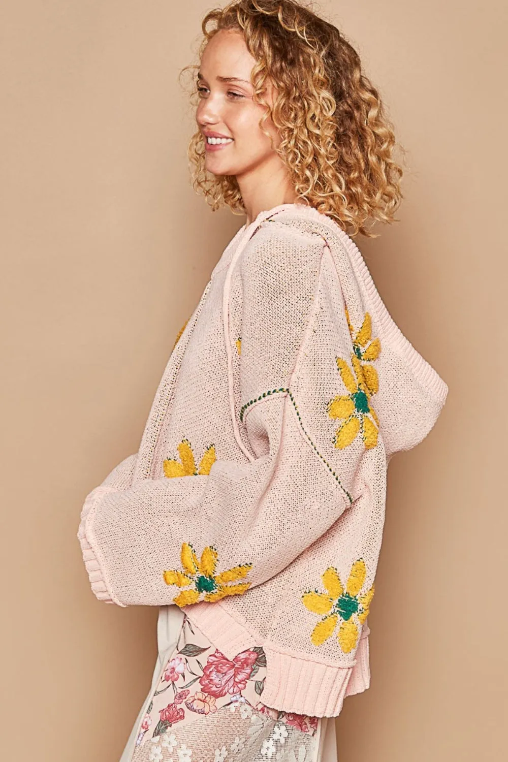 Floral Pattern Hooded High-Low Sweater