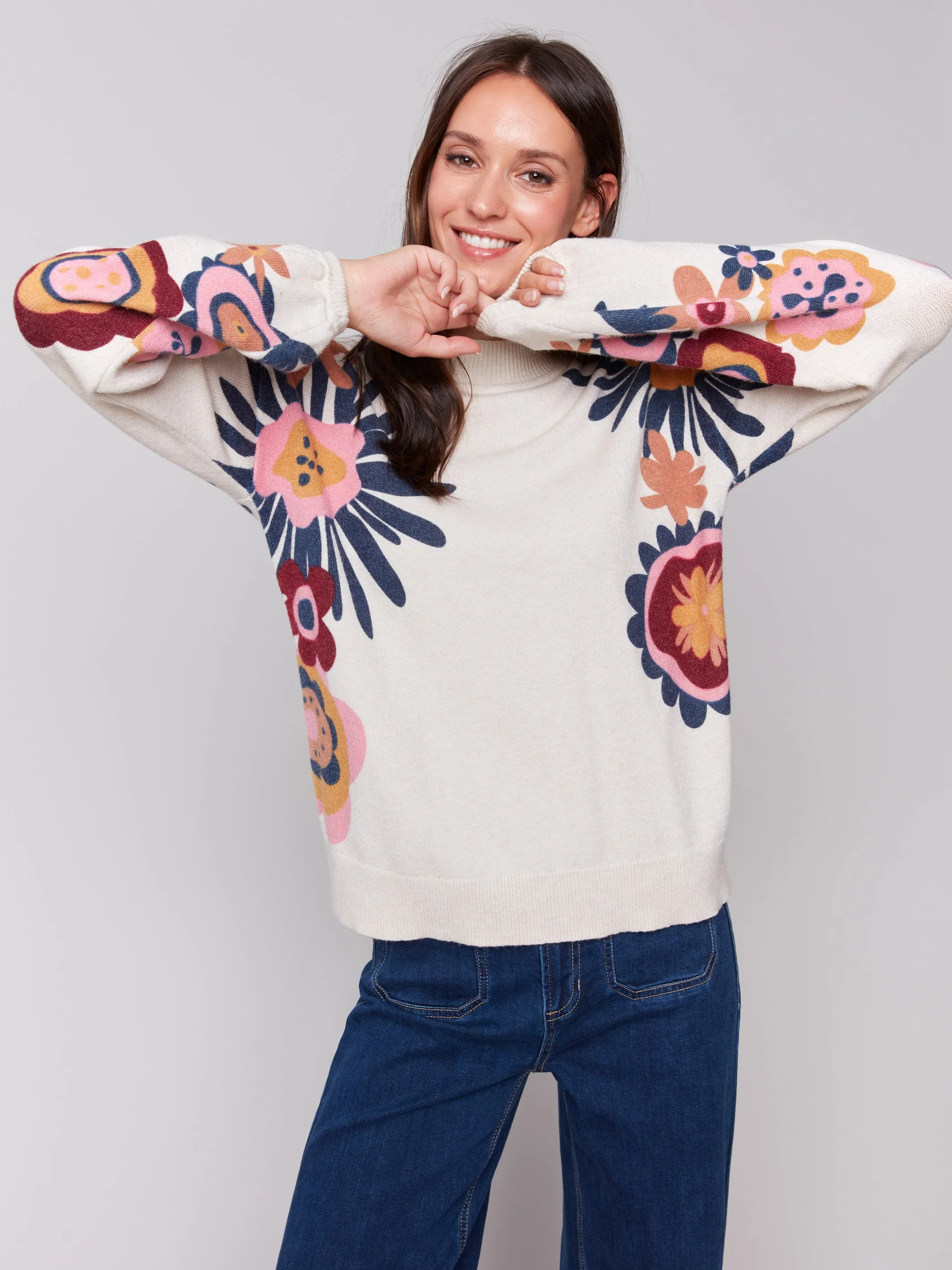 Floral Print Mock Neck Sweater - Beige