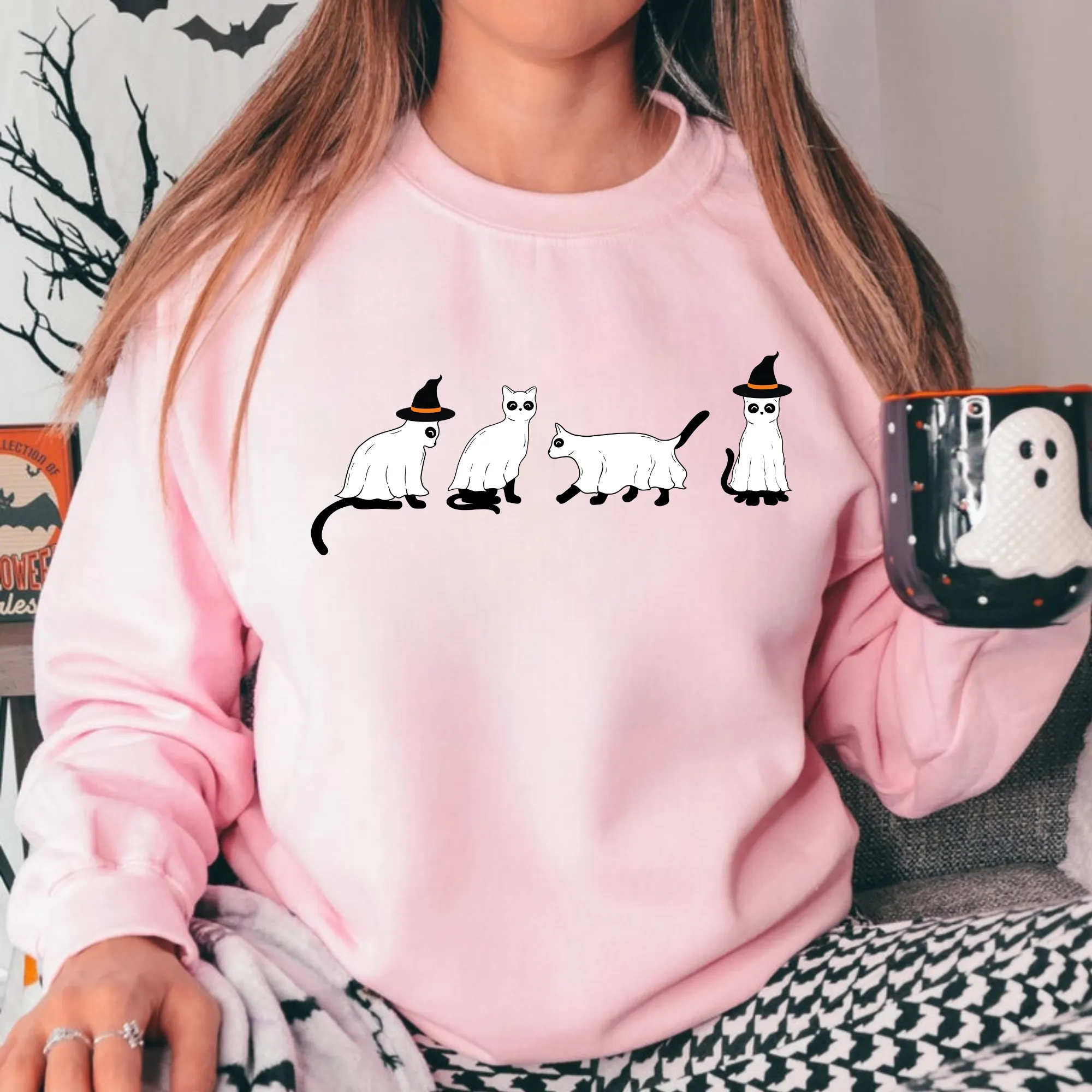 Ghost and Witch Cat Halloween Sweatshirt