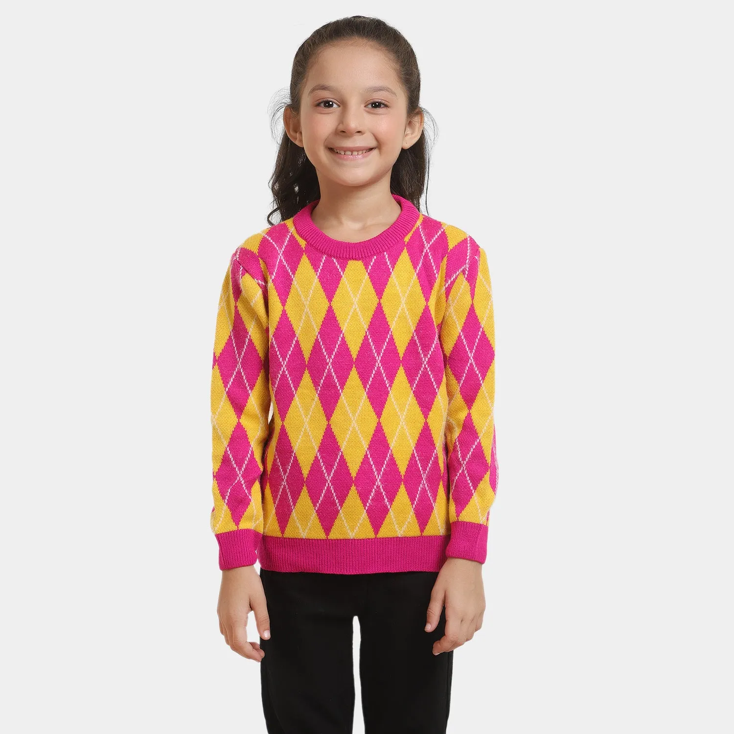 Girls Crew Neck Sweater -Pink/Yellow