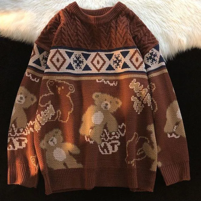 Harajuku Retro Cartoon Bear Knit Sweater - Embrace Vintage Vibes 🐻✨