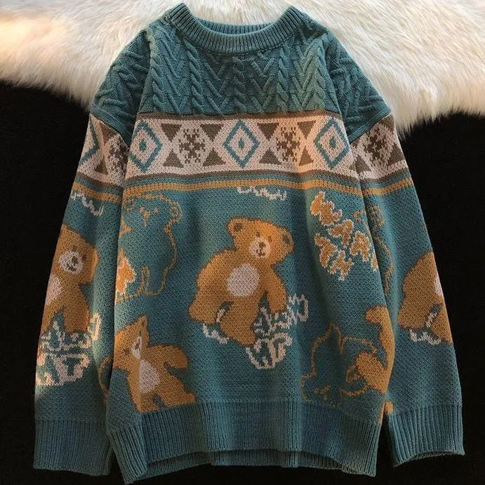 Harajuku Retro Cartoon Bear Knit Sweater - Embrace Vintage Vibes 🐻✨