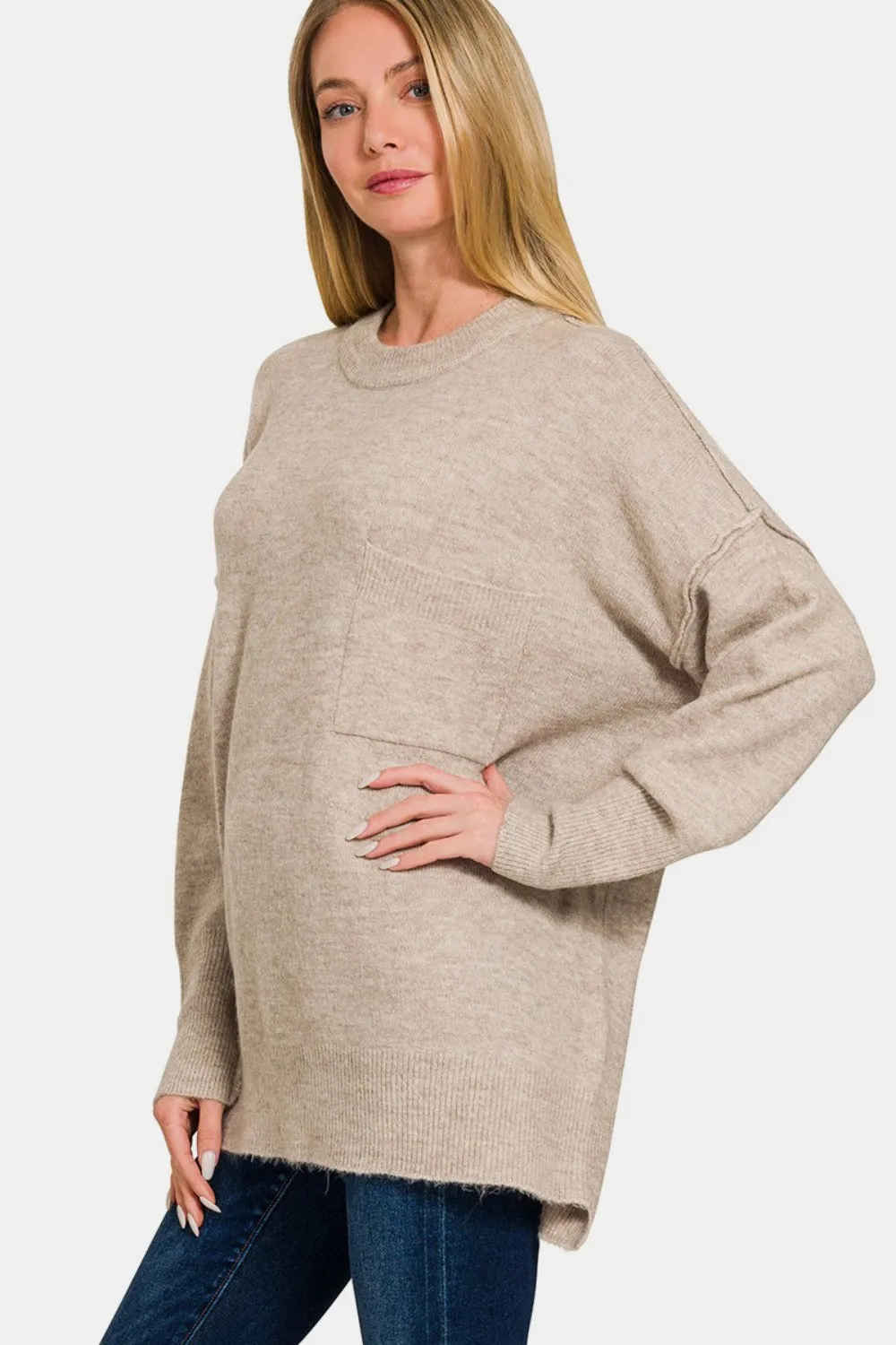 High-Low Hem Drop Shoulder Sweater - Mocha