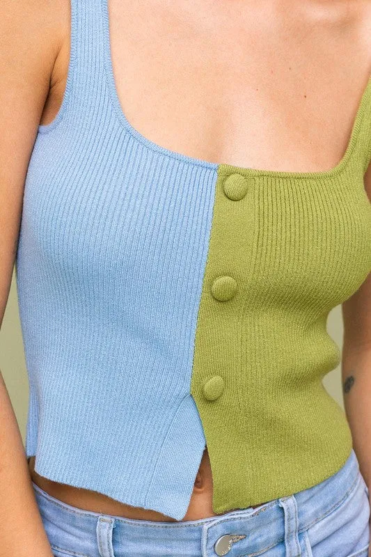 Hot Girl Color Block Buttoned Sweater Tank Top