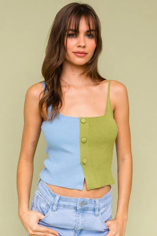 Hot Girl Color Block Buttoned Sweater Tank Top