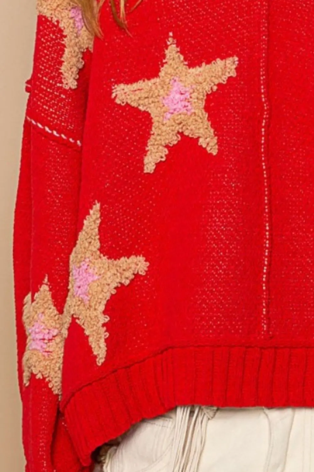 Hot Girl Contrast Stitch Star Patch Sweater In Red