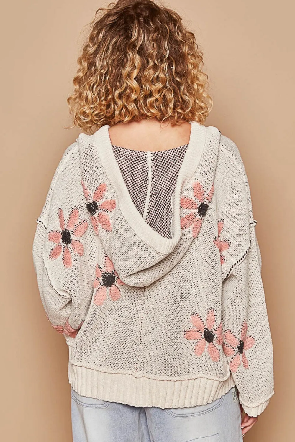 Hot Girl Floral Hooded High-Low Sweater In Cream