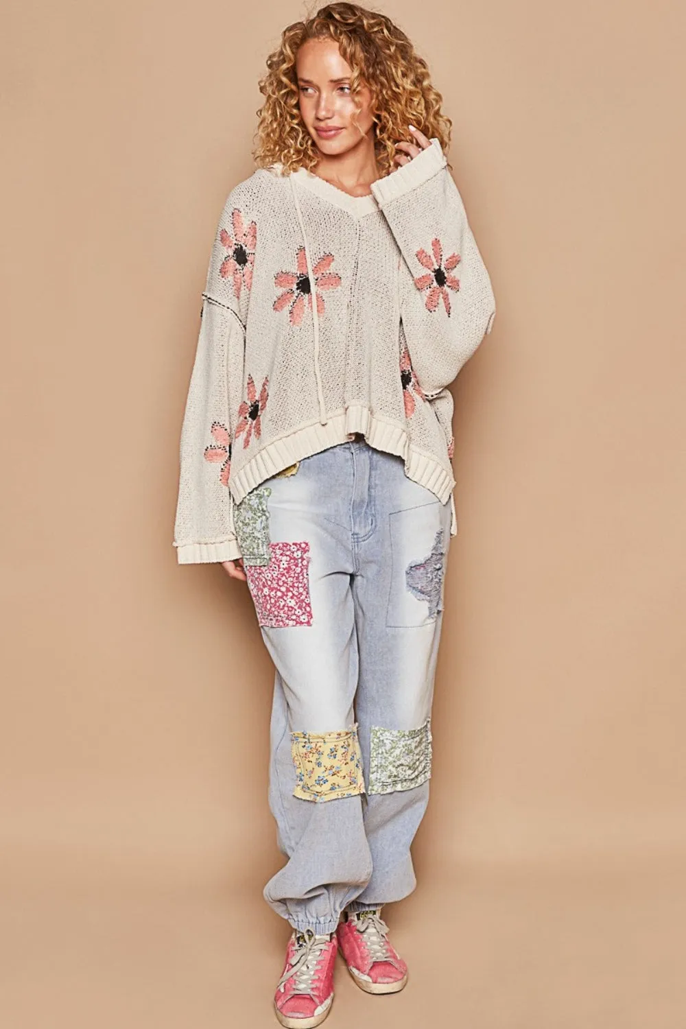 Hot Girl Floral Hooded High-Low Sweater In Cream