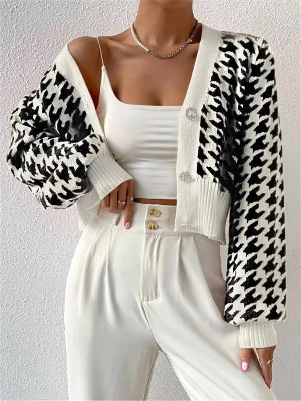 Houndstooth Lantern Sleeve Cardigan Sweater