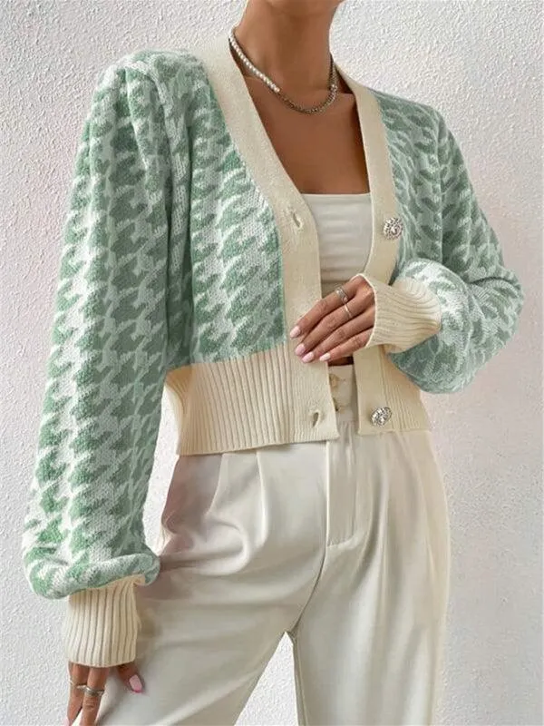 Houndstooth Lantern Sleeve Cardigan Sweater