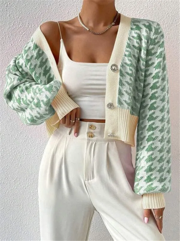 Houndstooth Lantern Sleeve Cardigan Sweater