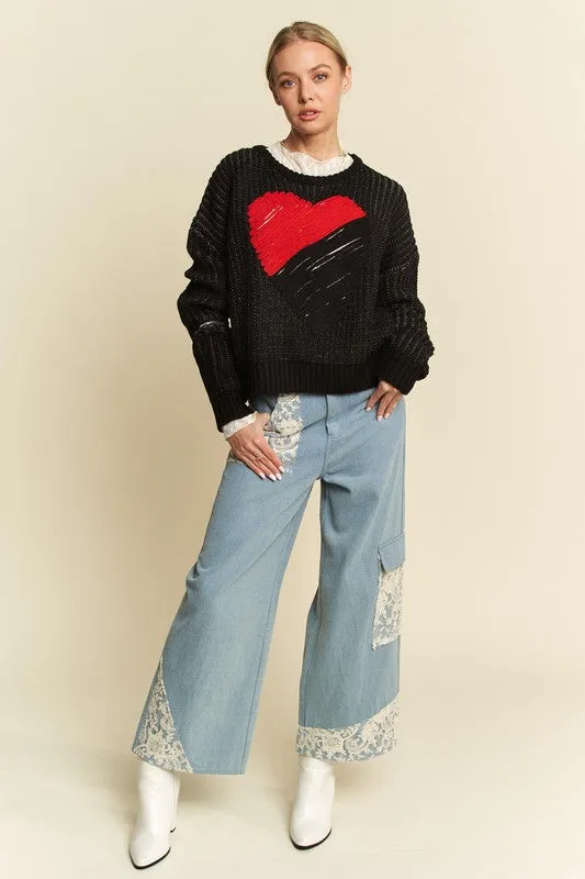 kesley Contrast Heart Dropped Shoulder Sweater