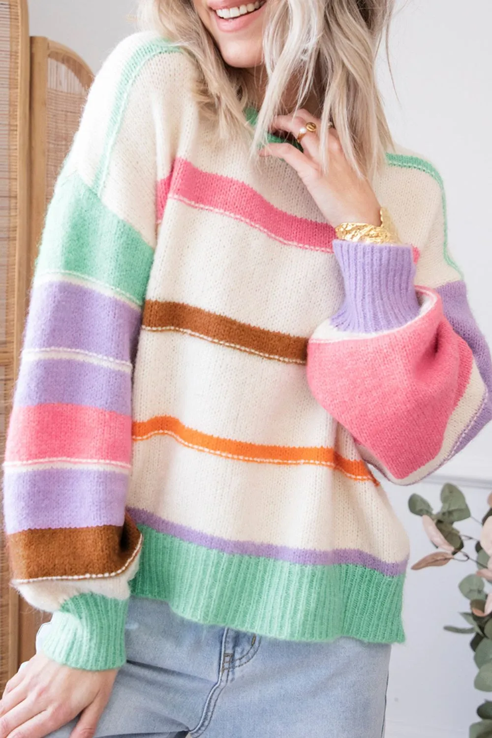 kesley Contrast Striped Round Neck Drop Shoulder Sweater