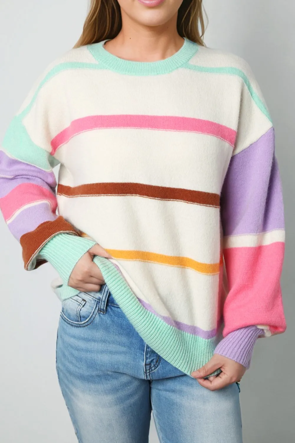 kesley Contrast Striped Round Neck Drop Shoulder Sweater