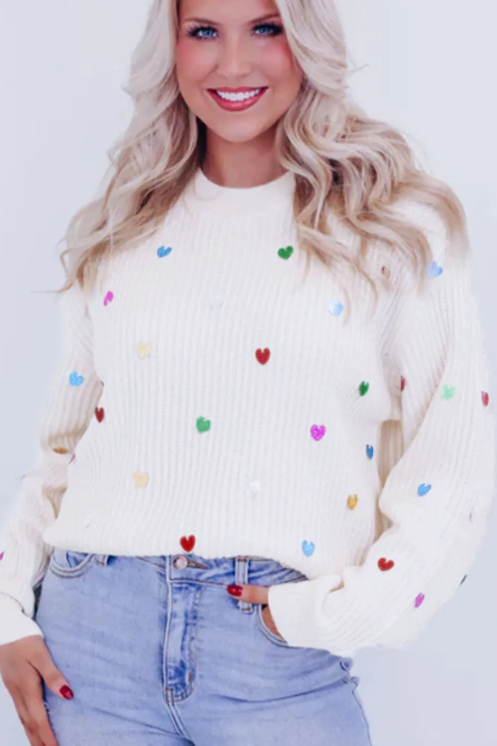 kesley Heart Sequin Round Neck Long Sleeve Sweater