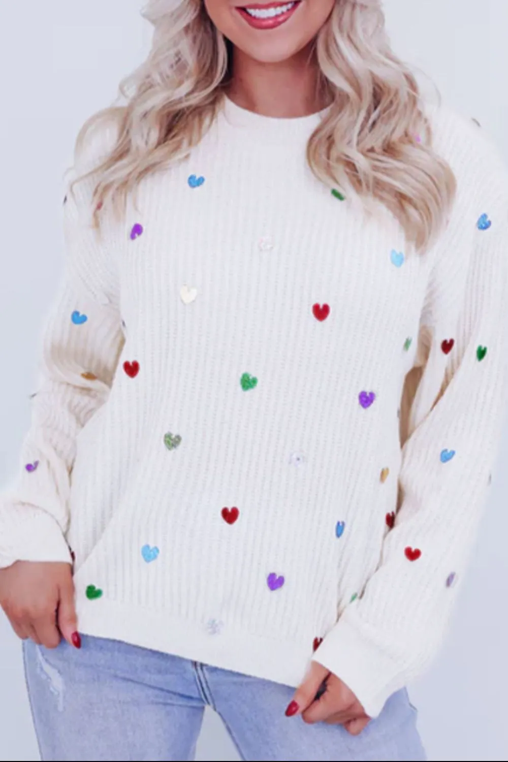 kesley Heart Sequin Round Neck Long Sleeve Sweater