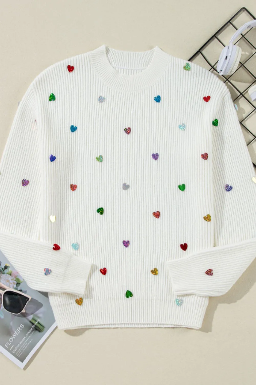 kesley Heart Sequin Round Neck Long Sleeve Sweater