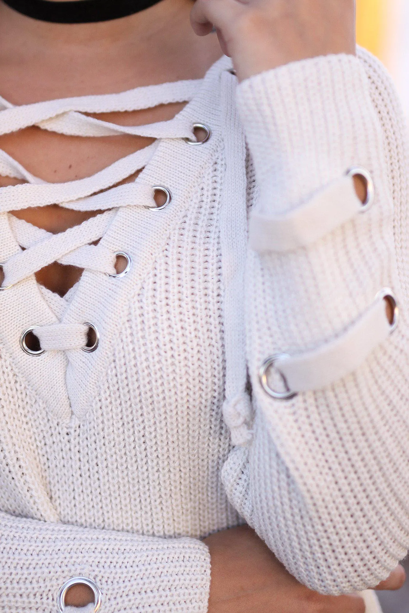 Light Beige Lace Up Sweater