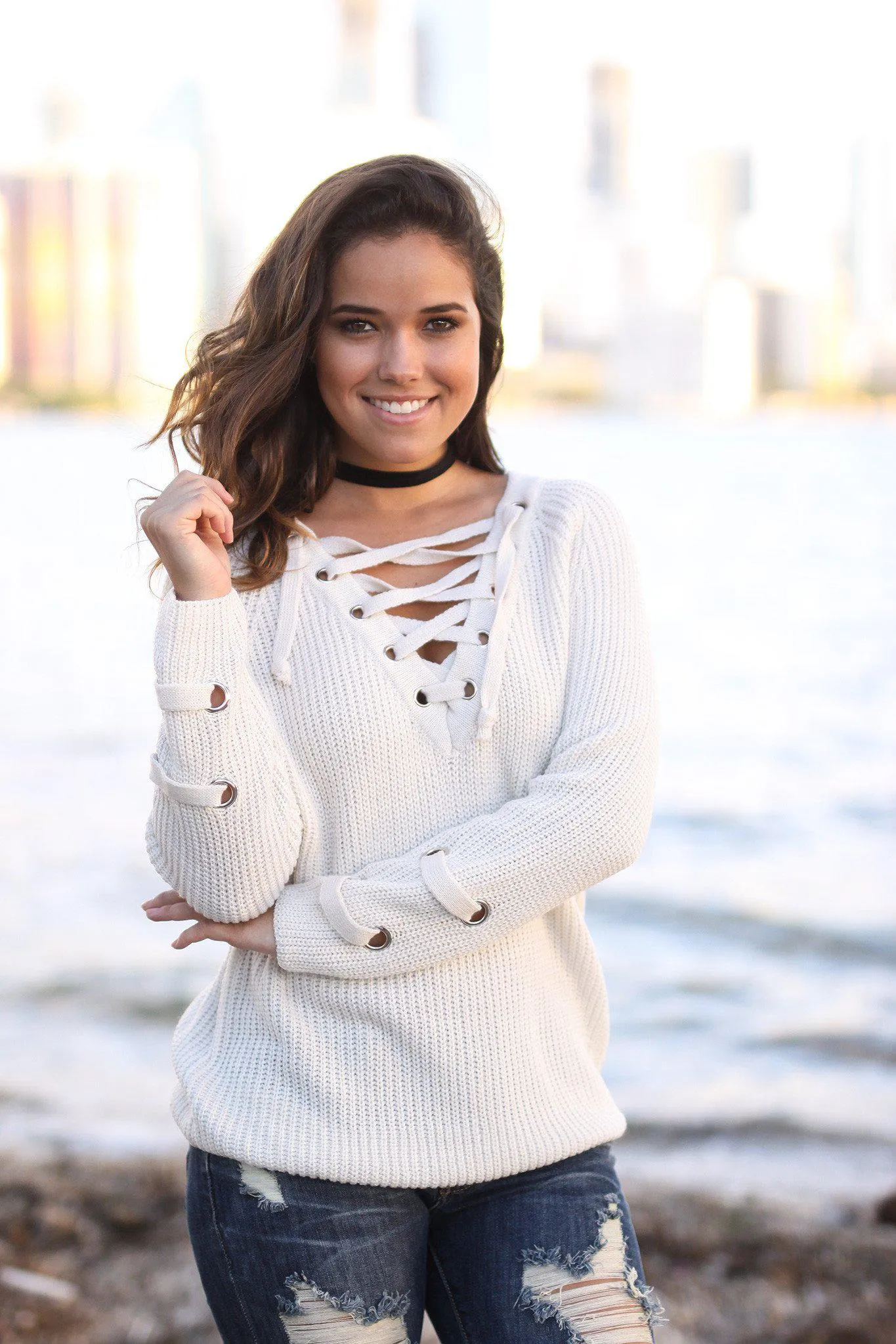 Light Beige Lace Up Sweater