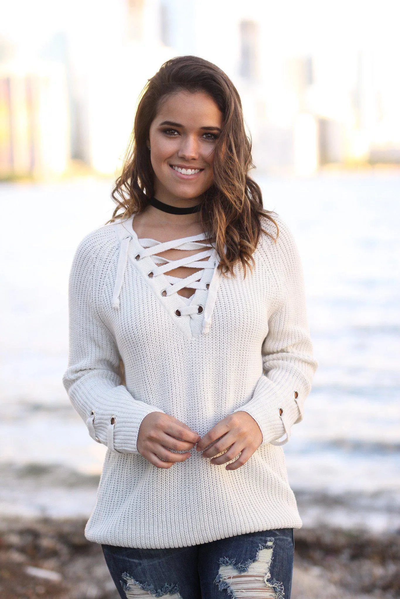 Light Beige Lace Up Sweater