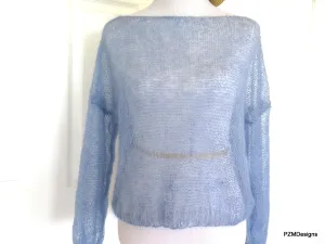 Light Blue Silk Mohair Pullover, Plus Size Hand Knit Boyfriend Sweater