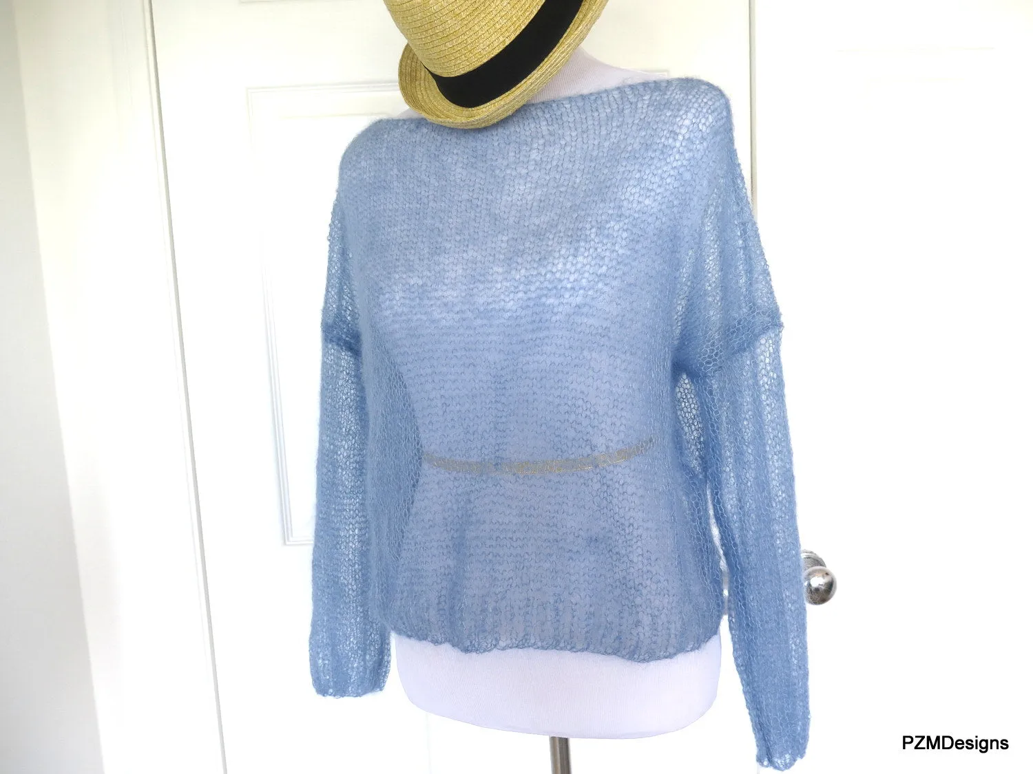 Light Blue Silk Mohair Pullover, Plus Size Hand Knit Boyfriend Sweater